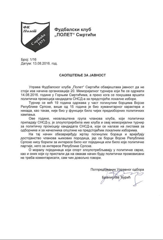 saopstenje polet smrtici